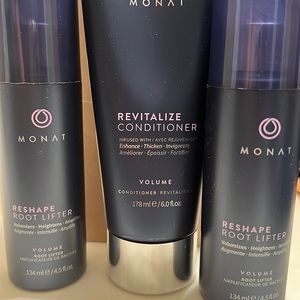 Monat Revitalize Conditioner and 2 bottles of Reshape Rootlifter.